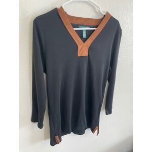 Lauren Ralph Lauren Top Women LG Black Brown Faux Suede Trim V-Neck‎ Long Sleeve